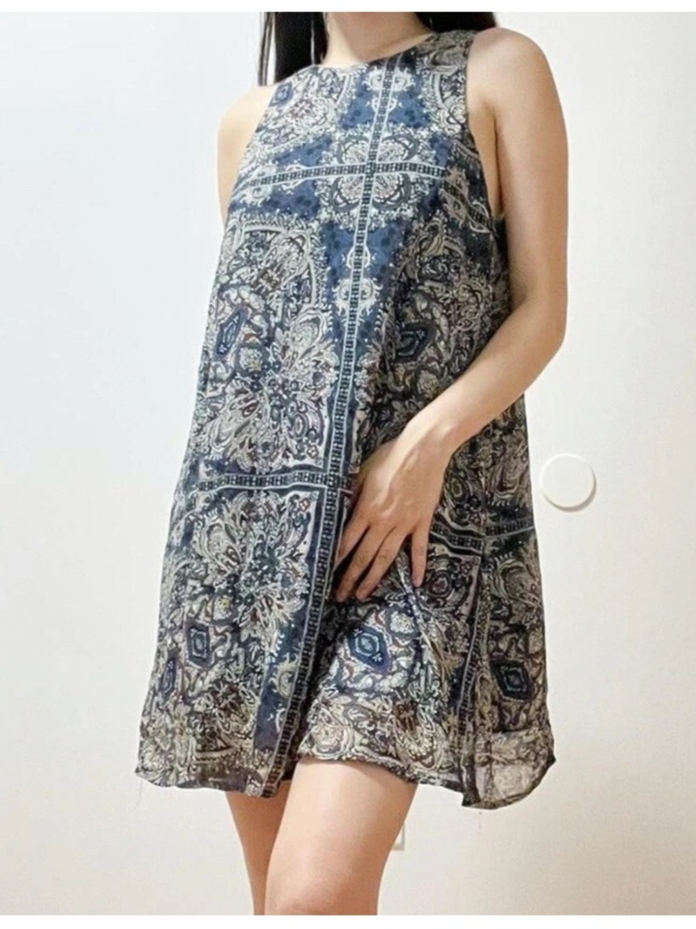 Abercrombie & Fitch DRESS CHIFFON BOHO FLOWY PAISLEY FLARED LINED EUC BLUE XS